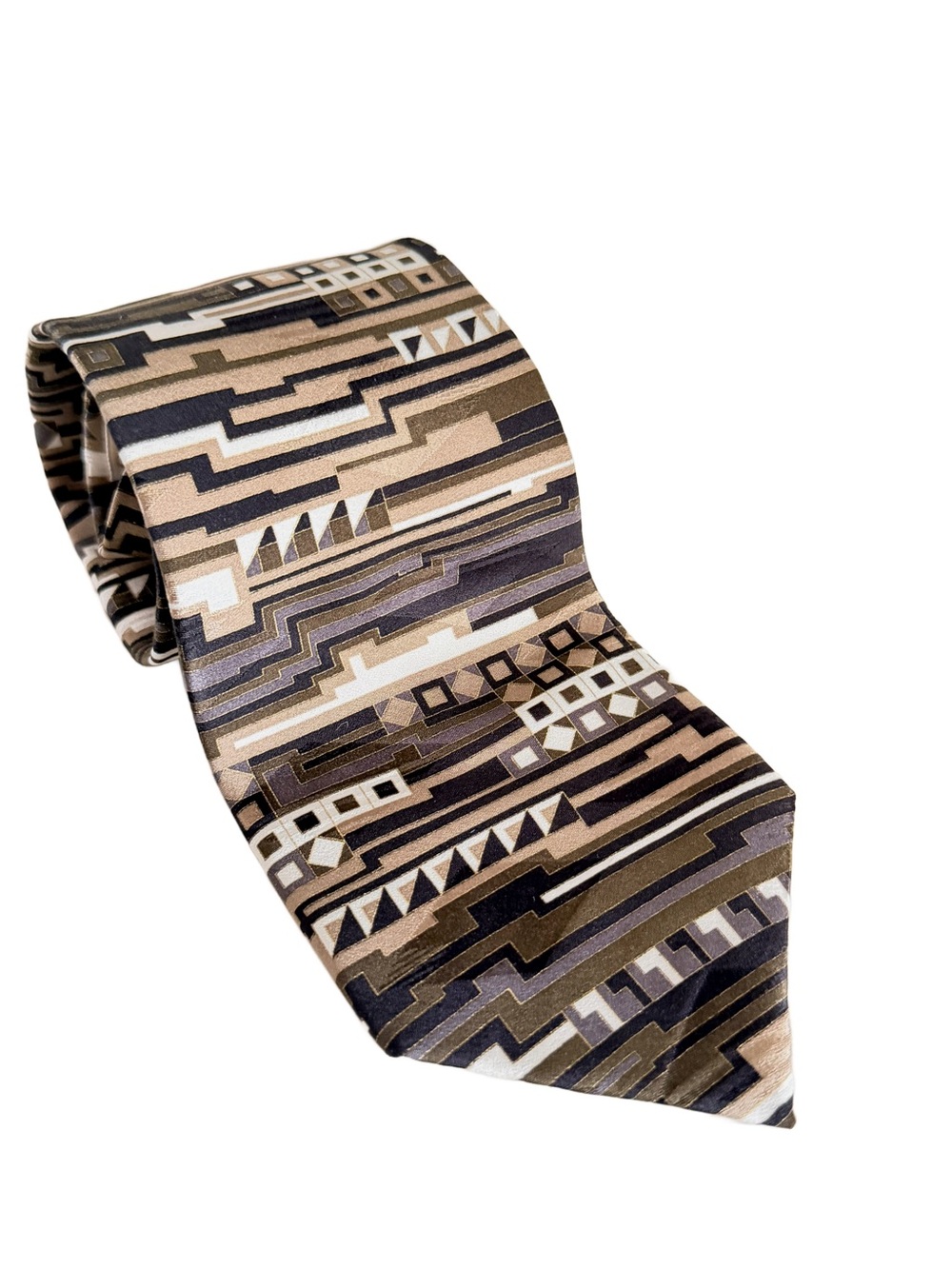 VTG 90s Gianfranco Ruffini Geometric Art Deco Silk Tie Made in USA Retro Brown